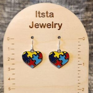 Autism Awareness Heart Shaped Enamel Drop Earrings on Sterling Silver Earwires